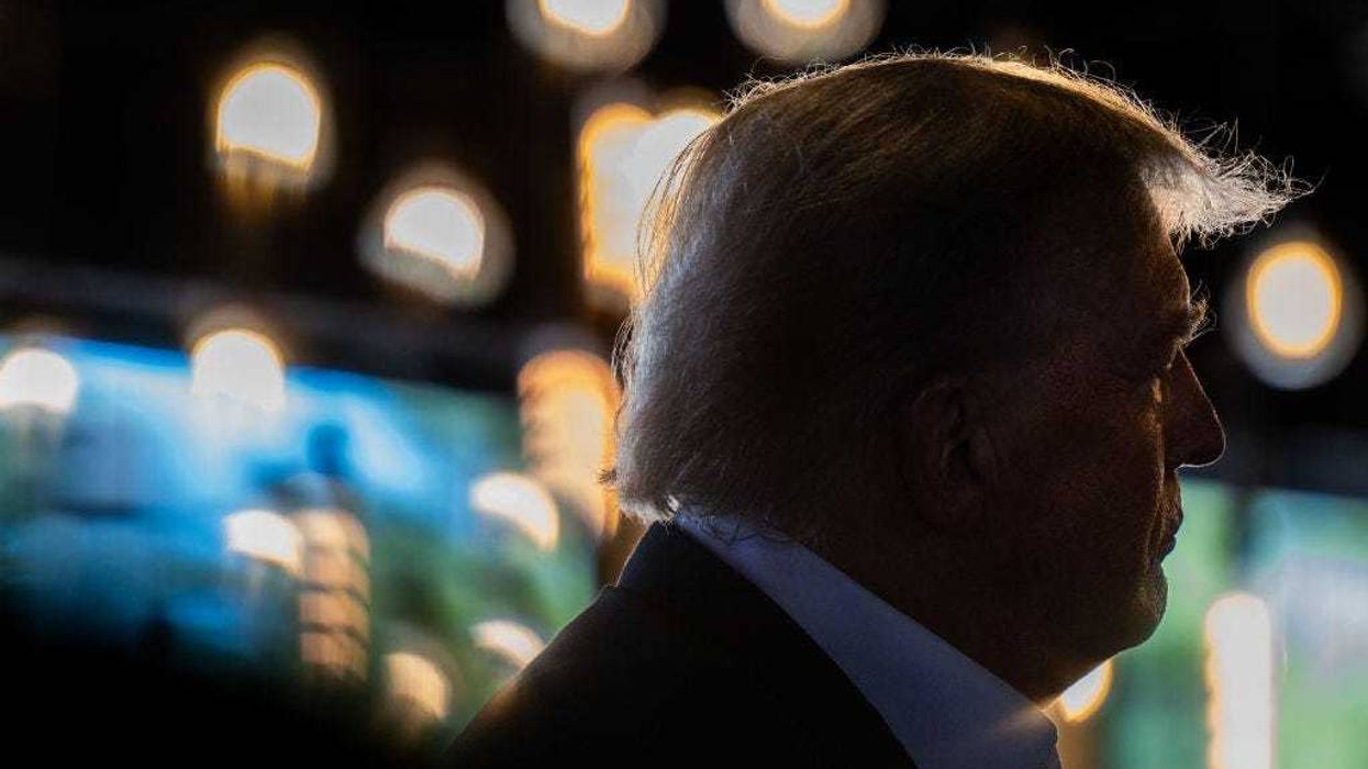 Republican presidential candidate and former U.S. President Donald Trump speaks during a rally at the Steer N' Stein bar at the Iowa State Fair on August 12, 2023 in Des Moines, Iowa.
