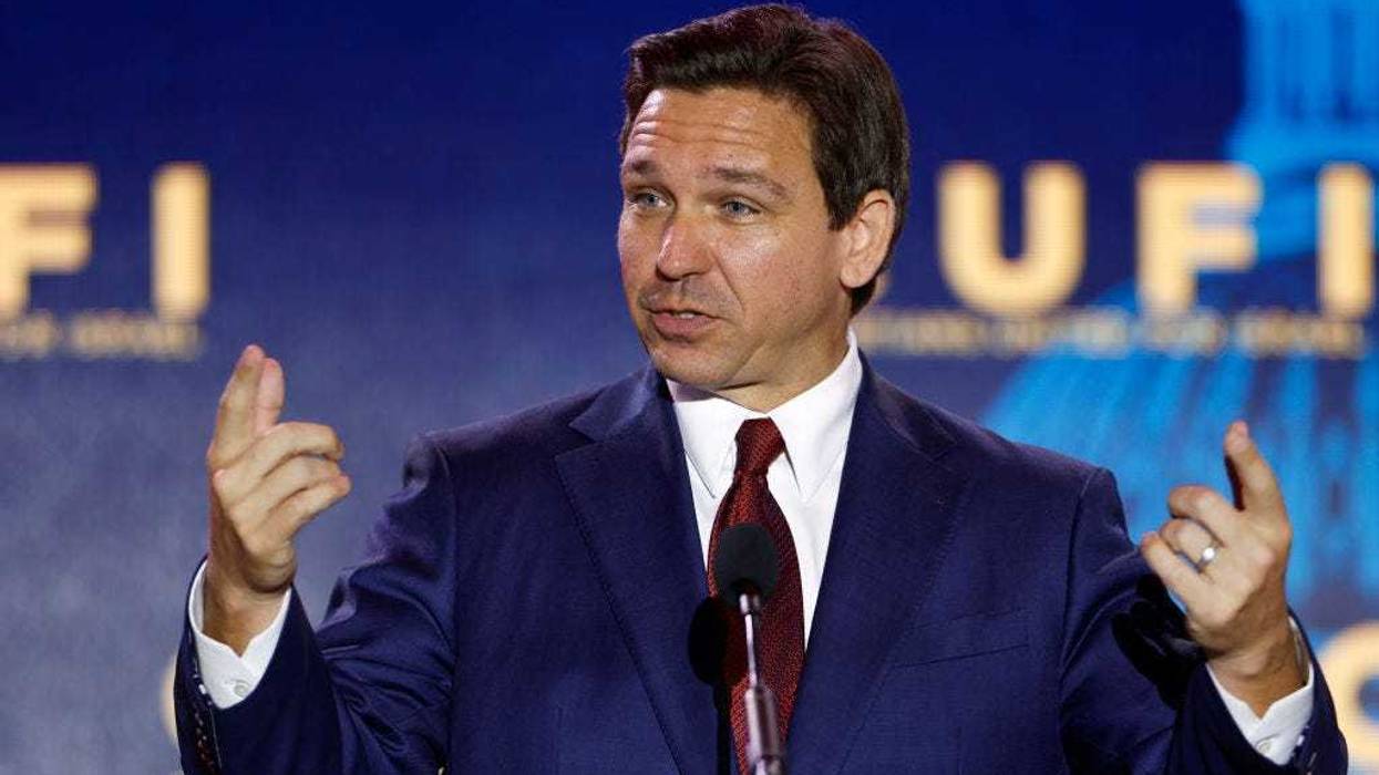 Republican presidential candidate Florida Governor Ron DeSantis delivers remarks at the 2023 Christians United for Israel summit on July 17, 2023 in Arlington, Virginia. For this year's summit, CUFI hosts 2024 Republican presidential candidates hopefuls to speak amidst other pro-Israel activists. (Photo by Anna Moneymaker/Getty Images)