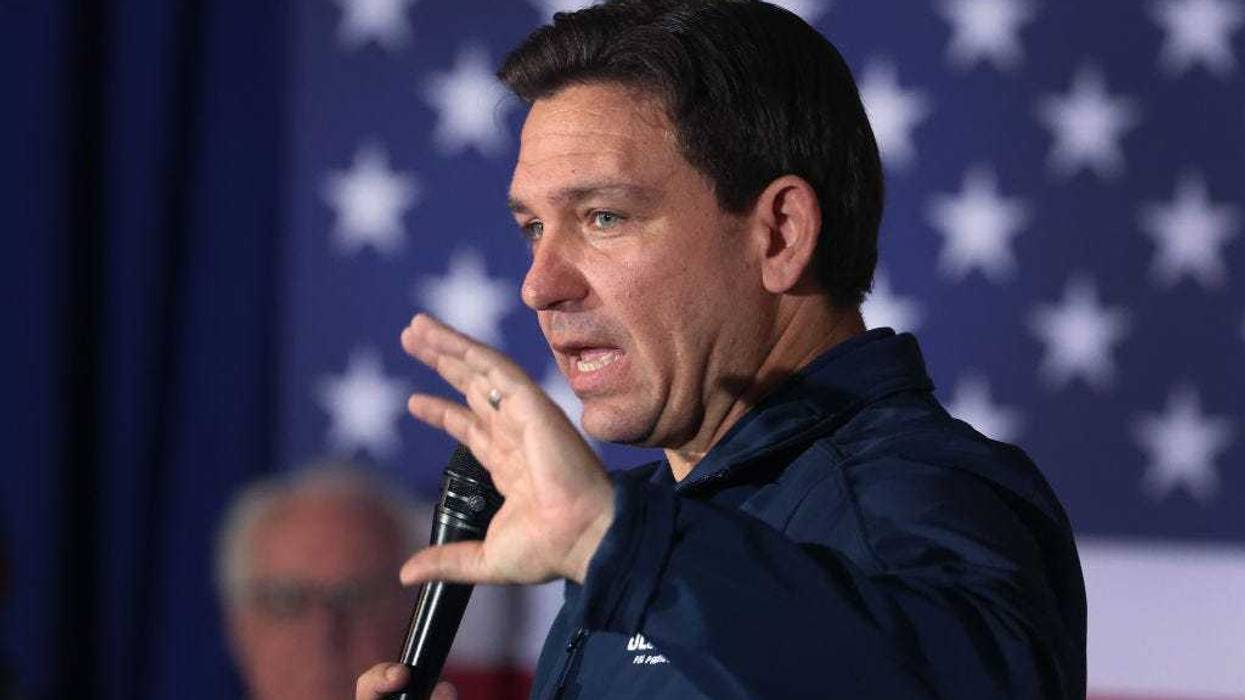 Republican presidential candidate Florida Governor Ron DeSantis speaks to guests during a campaign rally at the Thunderdome on December 02, 2023 in Newton, Iowa.