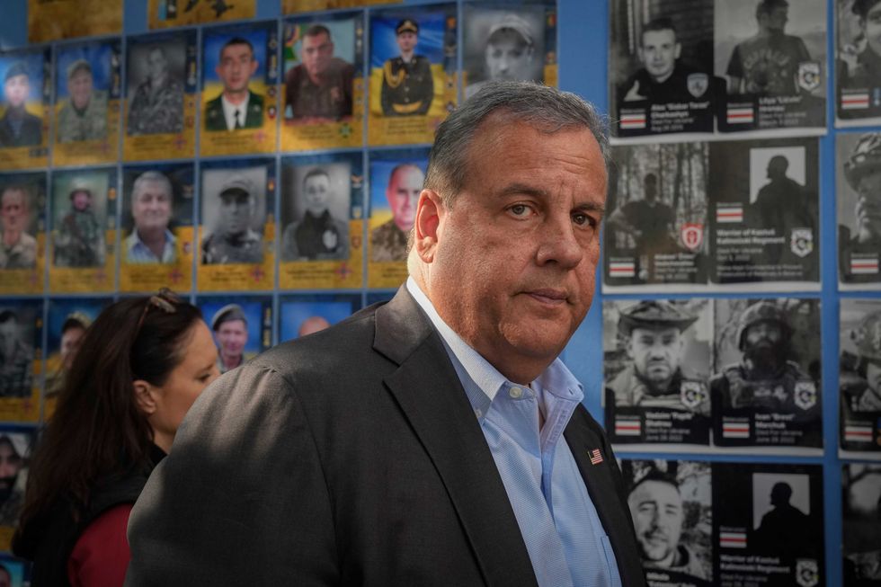 Republican presidential candidate former New Jersey Gov. Chris Christie visits the Wall of Remembrance to pay tribute to killed Ukrainian soldiers, Kyiv, Ukraine, Friday, Aug. 4, 2023