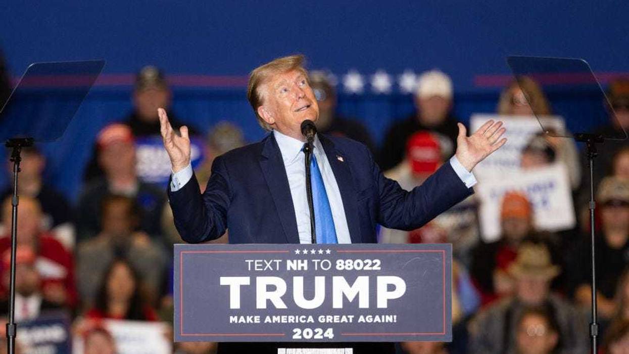 Republican presidential candidate former President Donald Trump delivers remarks during a campaign event on November 11, 2023 in Claremont, New Hampshire.
