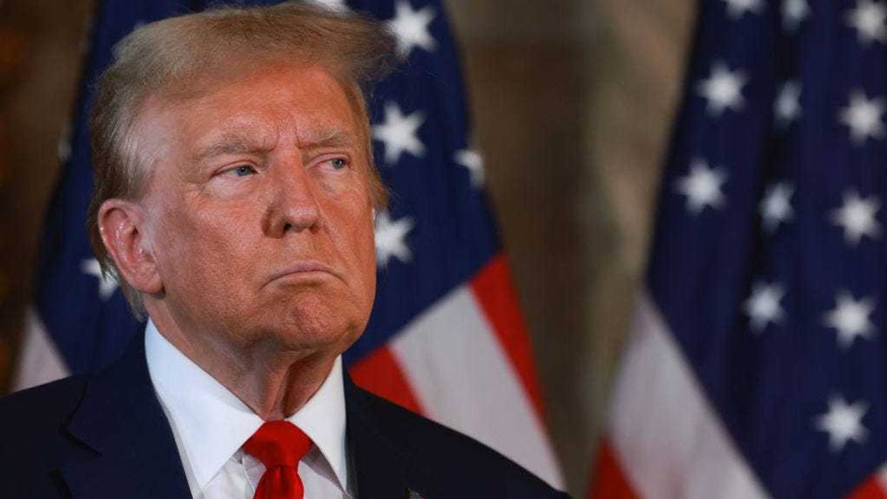 Republican presidential candidate former President Donald Trump during a joint press conference with Speaker of the House Mike Johnson (R-LA) at Mr. Trump's Mar-a-Lago estate on April 12, 2024, in Palm Beach, Florida.