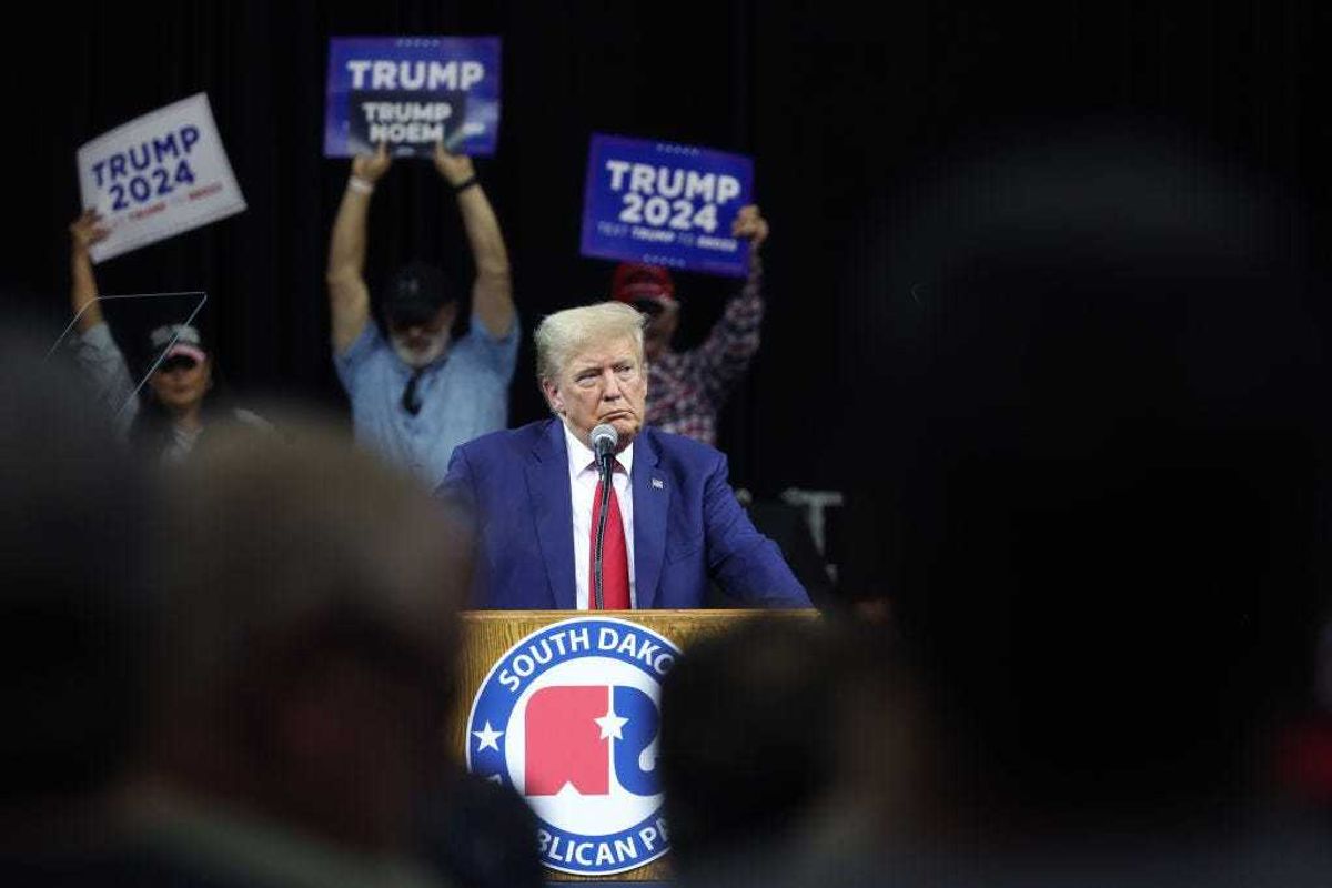 Republican presidential candidate former President Donald Trump speaks at the Monument Leaders Rally hosted by the South Dakota Republican Party on September 08, 2023 in Rapid City, South Dakota. South Dakota Governor Kristi Noem endorsed Trump during the event. (Photo by Scott Olson/Getty Images)