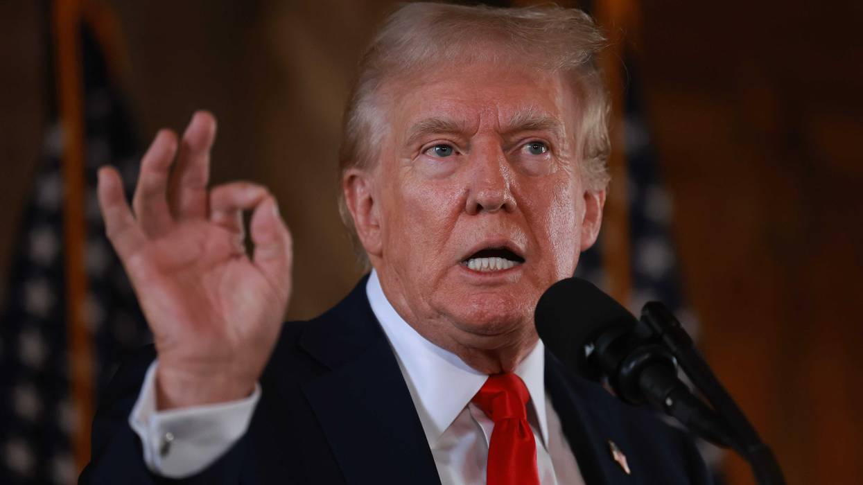 Republican presidential candidate former President Donald Trump speaks during a press conference at Mr. Trump's Mar-a-Lago estate on August 08, 2024, in Palm Beach, Florida.