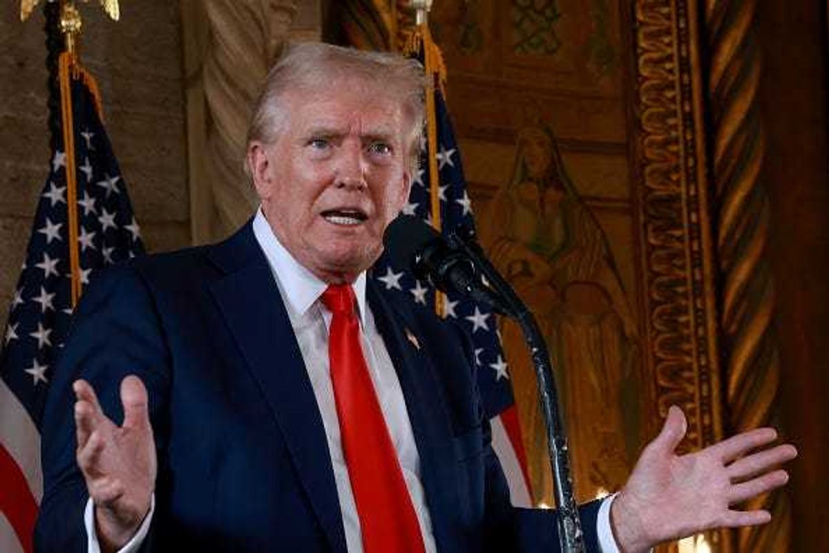 Republican presidential candidate former President Donald Trump speaks during a press conference at Mr. Trump's Mar-a-Lago estate on August 08, 2024, in Palm Beach, Florida.