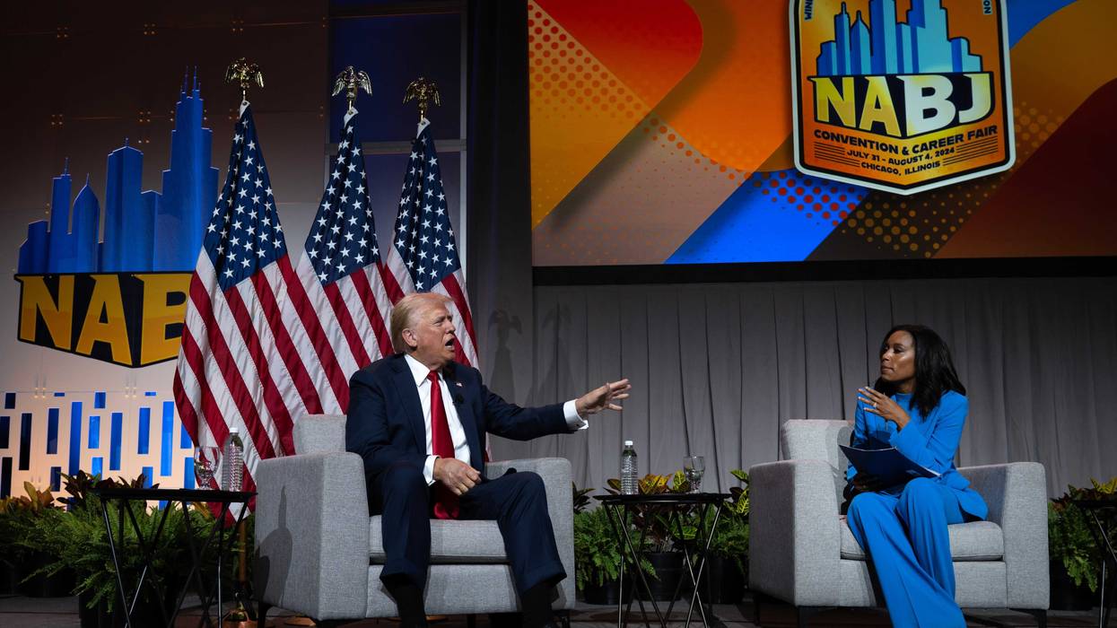 Republican presidential candidate former President Donald Trump speaks with Rachel Scott, senior congressional correspondent for ABC News during a question and answer session at the National Association of Black Journalists convention at the Hilton Hotel on July 31, 2024, in Chicago. Trump also fielded questions from Harris Faulkner, anchor of the Faulkner Focus on Fox News and Kadia Goba, politics reporter at Semafor during the event.