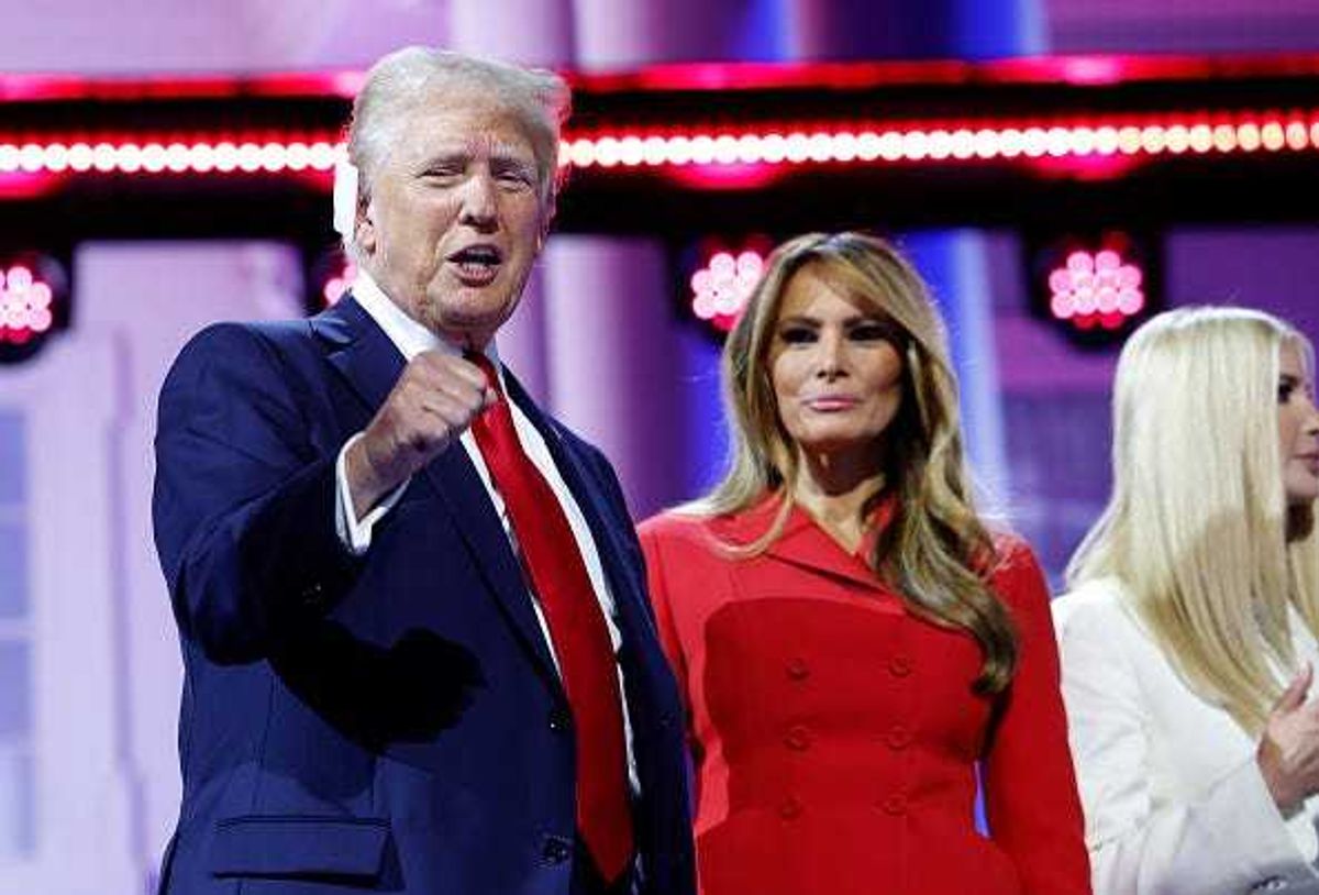 Republican presidential candidate, former U.S. President Donald Trump and Former first lady Melania Trump on stage and the conclusion of the fourth day of the Republican National Convention at the Fiserv Forum on July 18, 2024 in Milwaukee, Wisconsin.