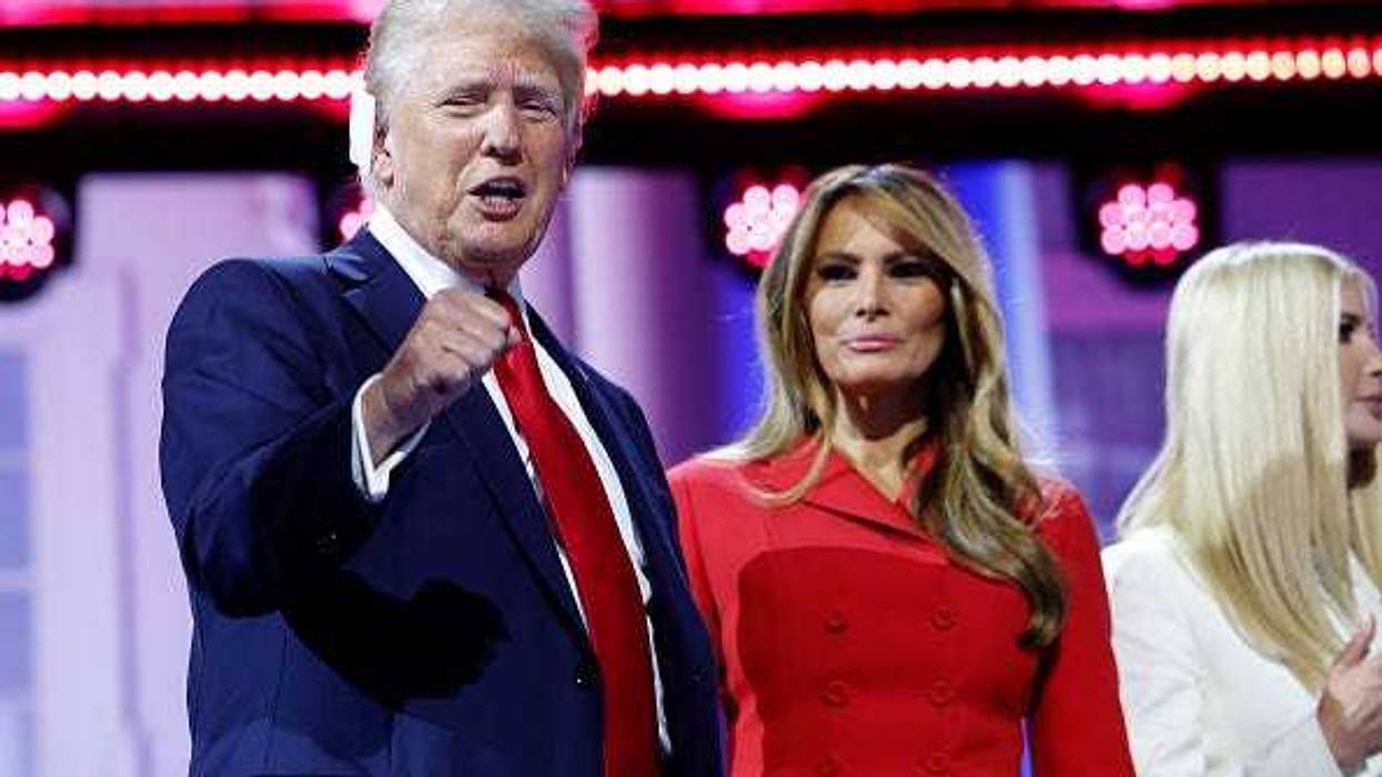 Republican presidential candidate, former U.S. President Donald Trump and Former first lady Melania Trump on stage and the conclusion of the fourth day of the Republican National Convention at the Fiserv Forum on July 18, 2024 in Milwaukee, Wisconsin.