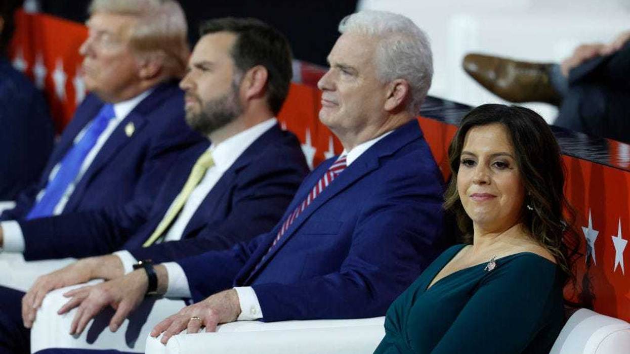 Republican presidential candidate, former U.S. President Donald Trump, Republican vice presidential candidate, U.S. Sen. J.D. Vance (R-OH), House Majority Whip Rep. Tom Emmer (R-MN) and House Republican Conference Chair U.S. Rep. Elise Stefanik (R-NY) look on during the second day of the Republican National Convention at the Fiserv Forum on July 16, 2024 in Milwaukee, Wisconsin.