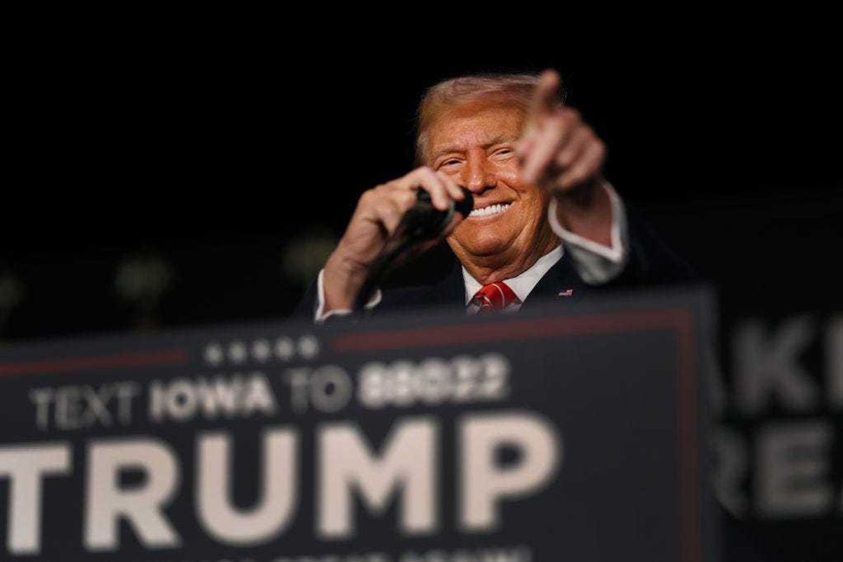 Republican presidential candidate former U.S. President Donald Trump speaks to guests during a campaign event at the Orpheum Theater on October 29, 2023 in Sioux City, Iowa. On Saturday, Trump joined other Republican presidential candidates when he addressed Republican Jewish Coalition’s annual conference where his one-time vice president, Mike Pence, announced he was suspending his campaign. (Photo by Scott Olson/Getty Images)