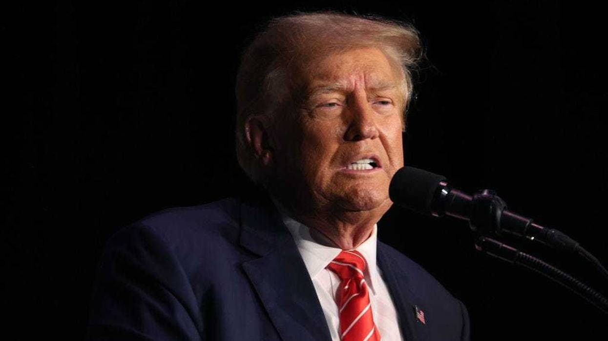 Republican presidential candidate former U.S. President Donald Trump speaks to guests during a campaign event at the Orpheum Theater on October 29, 2023 in Sioux City, Iowa. On Saturday, Trump joined other Republican presidential candidates when he addressed Republican Jewish Coalition’s annual conference where his one-time vice president, Mike Pence, announced he was suspending his campaign. (Photo by Scott Olson/Getty Images)