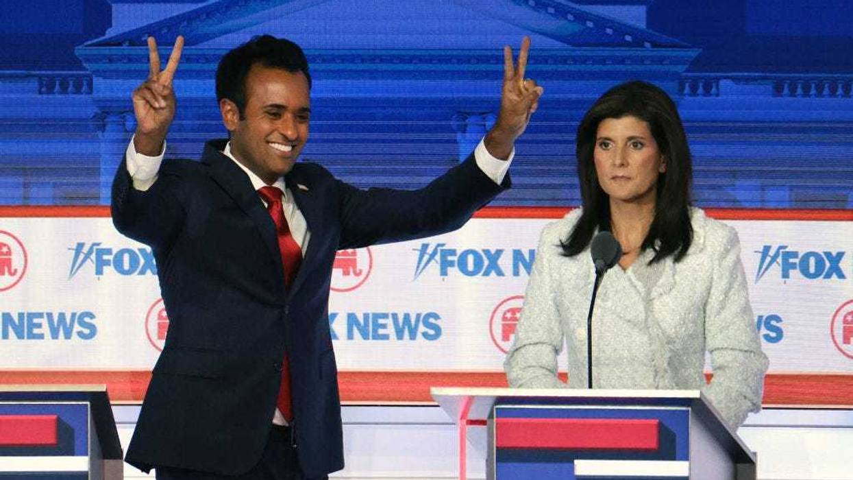 Republican presidential candidates, Vivek Ramaswamy (L) and former U.N. Ambassador Nikki Haley participate in the first debate of the GOP primary season hosted by FOX News at the Fiserv Forum on August 23, 2023 in Milwaukee, Wisconsin.