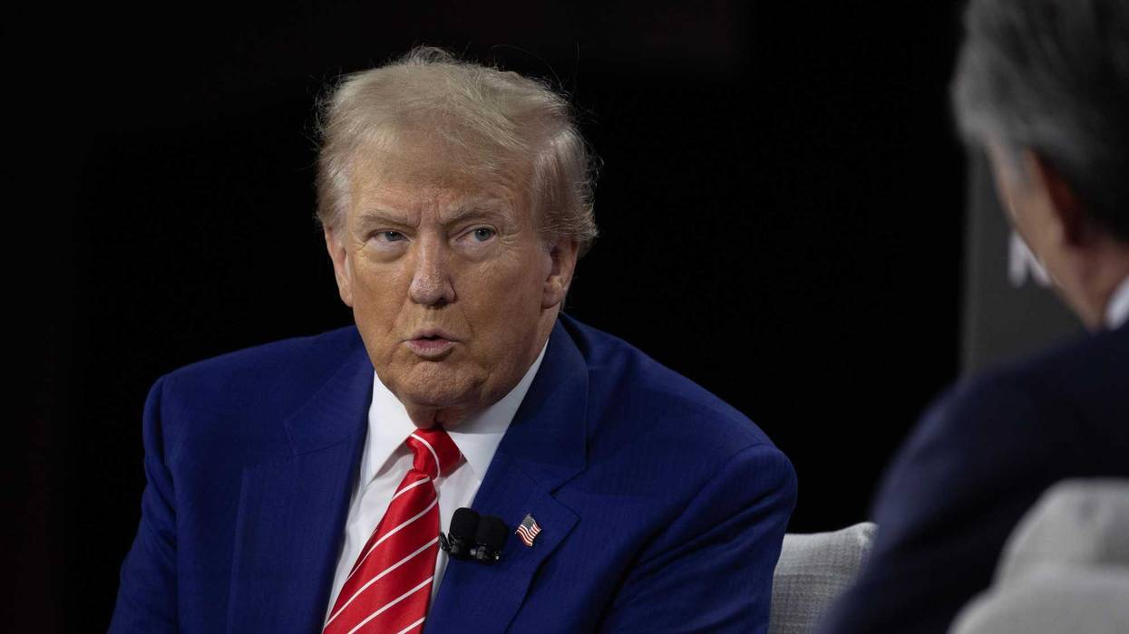 Republican presidential nominee former President Donald Trump is interviewed by Bloomberg News Editor-in-Chief John Micklethwait during a luncheon hosted by the Economic Club of Chicago on Oct. 15, 2024 in Chicago.
