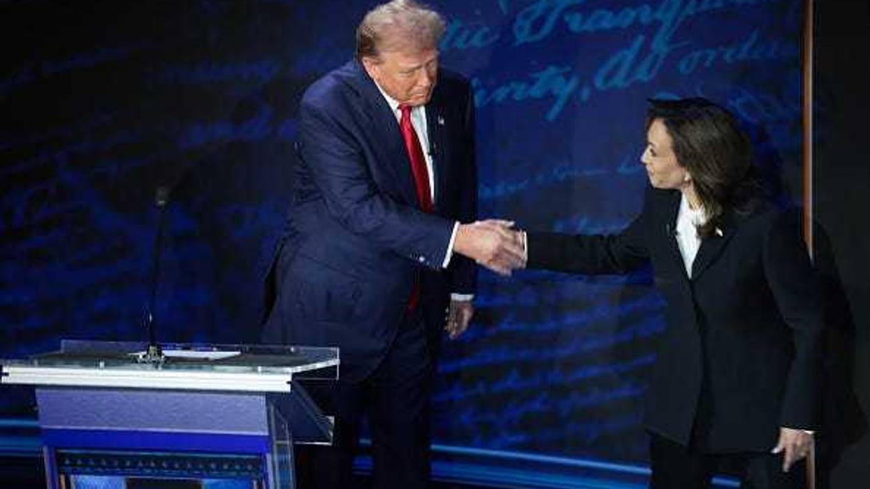 Republican presidential nominee, former U.S. President Donald Trump and Democratic presidential nominee, U.S. Vice President Kamala Harris greet as they debate for the first time during the presidential election campaign at The National Constitution Center on September 10, 2024 in Philadelphia, Pennsylvania.