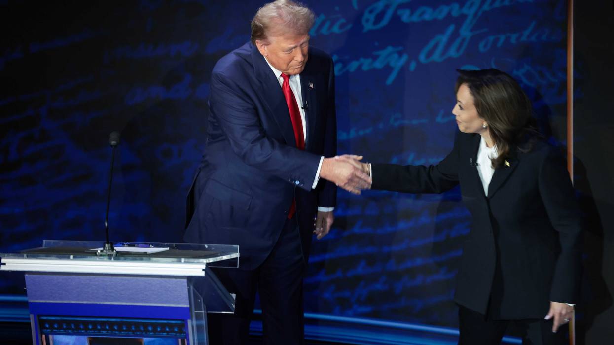 Republican presidential nominee, former U.S. President Donald Trump and Democratic presidential nominee, U.S. Vice President Kamala Harris greet as they debate for the first time during the presidential election campaign at The National Constitution Center on September 10, 2024 in Philadelphia, Pennsylvania.