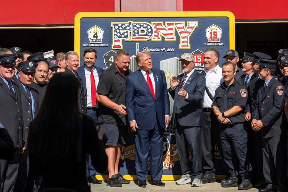 Republican presidential nominee, former U.S. President Donald Trump and Republican vice presidential nominee, U.S. Sen. J.D. Vance (R-OH) visit with firefighters outside FDNY Engine 4/Tower Ladder 15 firehouse on Sept. 11, 2024