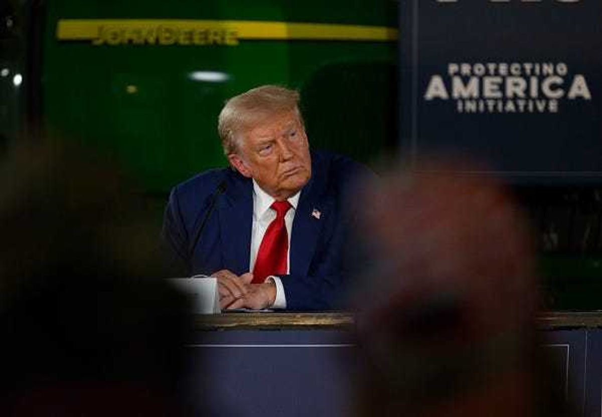 Republican presidential nominee, former U.S. President Donald Trump attends a campaign event on food security in a barn on the Smith Family Farm on September 23, 2024 in Smithton, Pennsylvania.