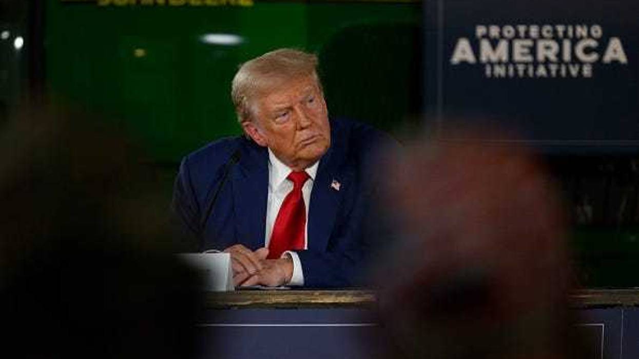 Republican presidential nominee, former U.S. President Donald Trump attends a campaign event on food security in a barn on the Smith Family Farm on September 23, 2024 in Smithton, Pennsylvania.