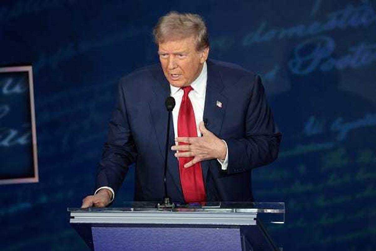 Republican presidential nominee, former U.S. President Donald Trump, debates Democratic presidential nominee, U.S. Vice President Kamala Harris, for the first time during the presidential election campaign at The National Constitution Center on September 10, 2024 in Philadelphia, Pennsylvania.