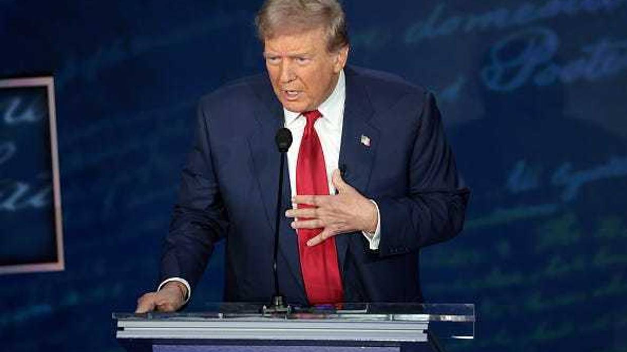 Republican presidential nominee, former U.S. President Donald Trump, debates Democratic presidential nominee, U.S. Vice President Kamala Harris, for the first time during the presidential election campaign at The National Constitution Center on September 10, 2024 in Philadelphia, Pennsylvania.