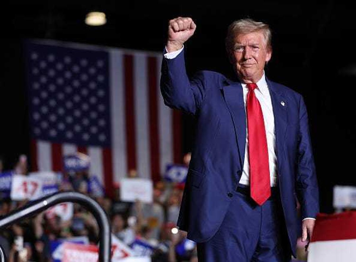 Republican presidential nominee, former U.S. President Donald Trump, greets supporters during a campaign rally at The Expo at World Market Center Las Vegas on September 13, 2024 in Las Vegas, Nevada.