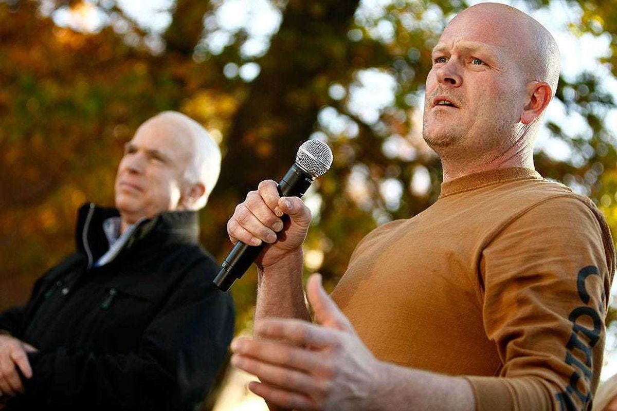Republican presidential nominee Sen. John McCain (R-AZ) (L) and Samuel "Joe the Plumber" Wurzelbacher address a campaign rally at Lorain County Community College October 30, 2008 in Elyria, Ohio.