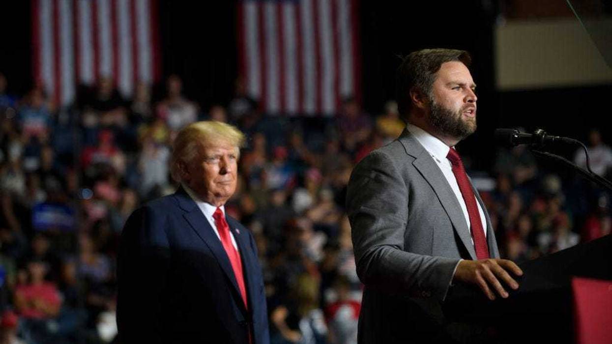 Republican Senate candidate JD Vance and former President Donald Trump speak at a Save America Rally to support Republican candidates running for state and federal offices in the state at the Covelli Centre during on September 17, 2022 in Youngstown, Ohio.