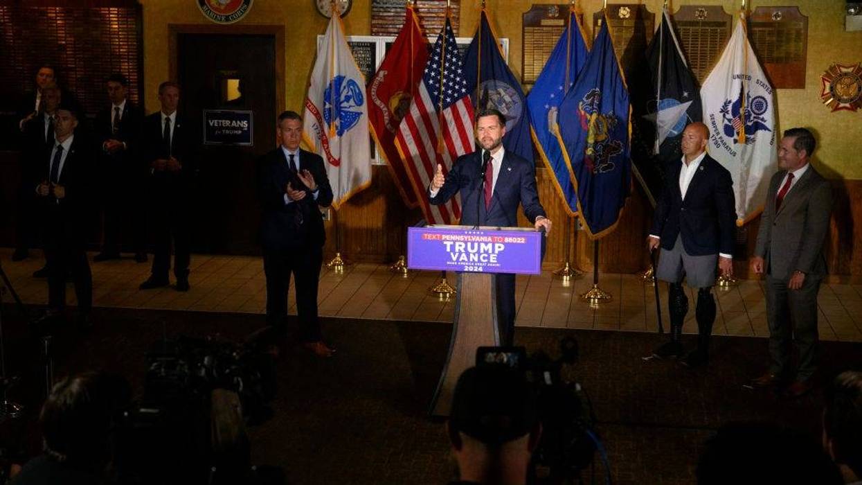 Republican Vice Presidential candidate Sen. JD Vance (R-OH) speaks at a campaign rally at VFW Post 92 on August 15, 2024 in New Kensington, Pennsylvania.
