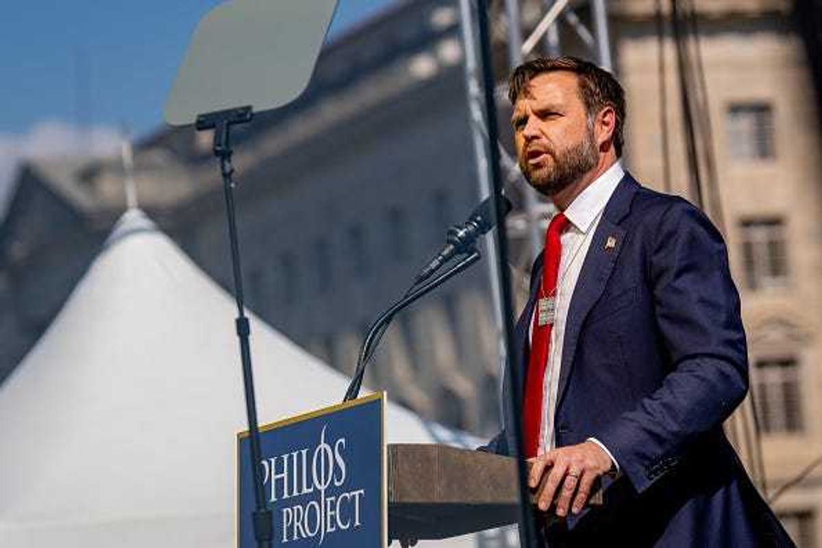 Republican vice presidential nominee, U.S. Sen. J.D. Vance (R-OH) wears a necklace that reads "Bring Them Home Now!" as he speaks during a Philos Project October 7th Memorial Rally at the Washington Monument on October 7, 2024 in Washington, DC.