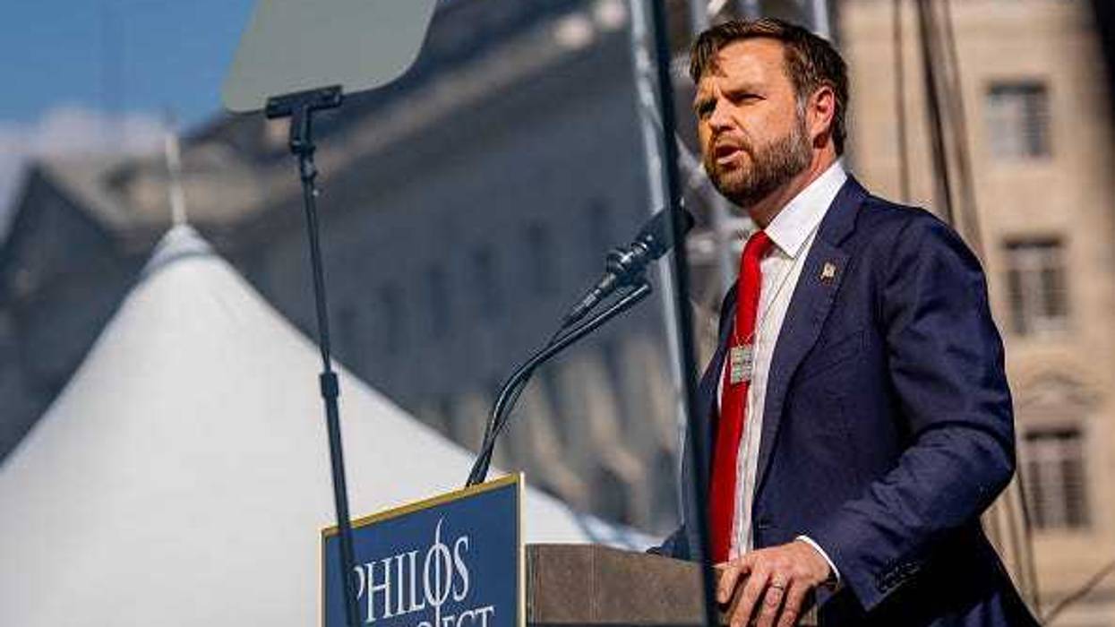 Republican vice presidential nominee, U.S. Sen. J.D. Vance (R-OH) wears a necklace that reads "Bring Them Home Now!" as he speaks during a Philos Project October 7th Memorial Rally at the Washington Monument on October 7, 2024 in Washington, DC.