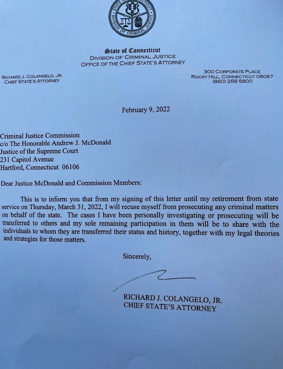 Resignation letter from Chief State