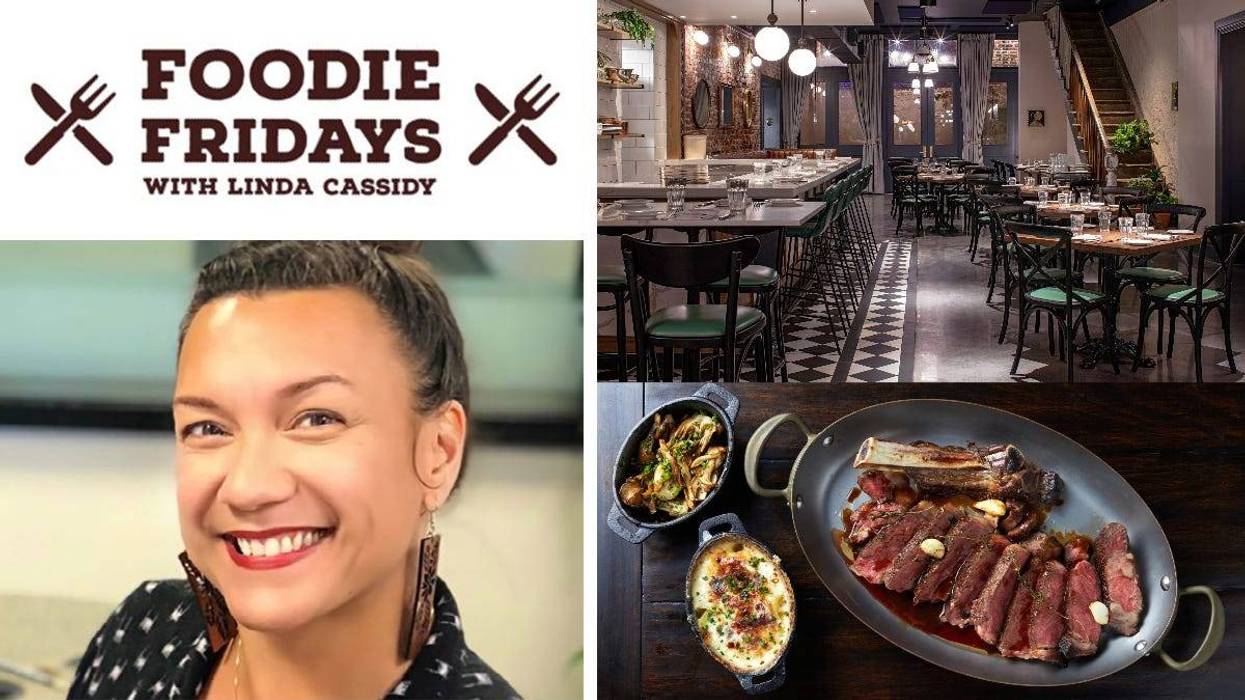 Restarant interior and food items with Linda Cassidy and Foodie Friday logo