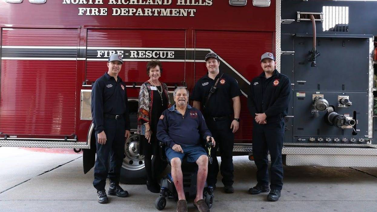 Retired firefighter Ed Grube, 77, gets a wish granted by the North Richland Hills Fire Department.