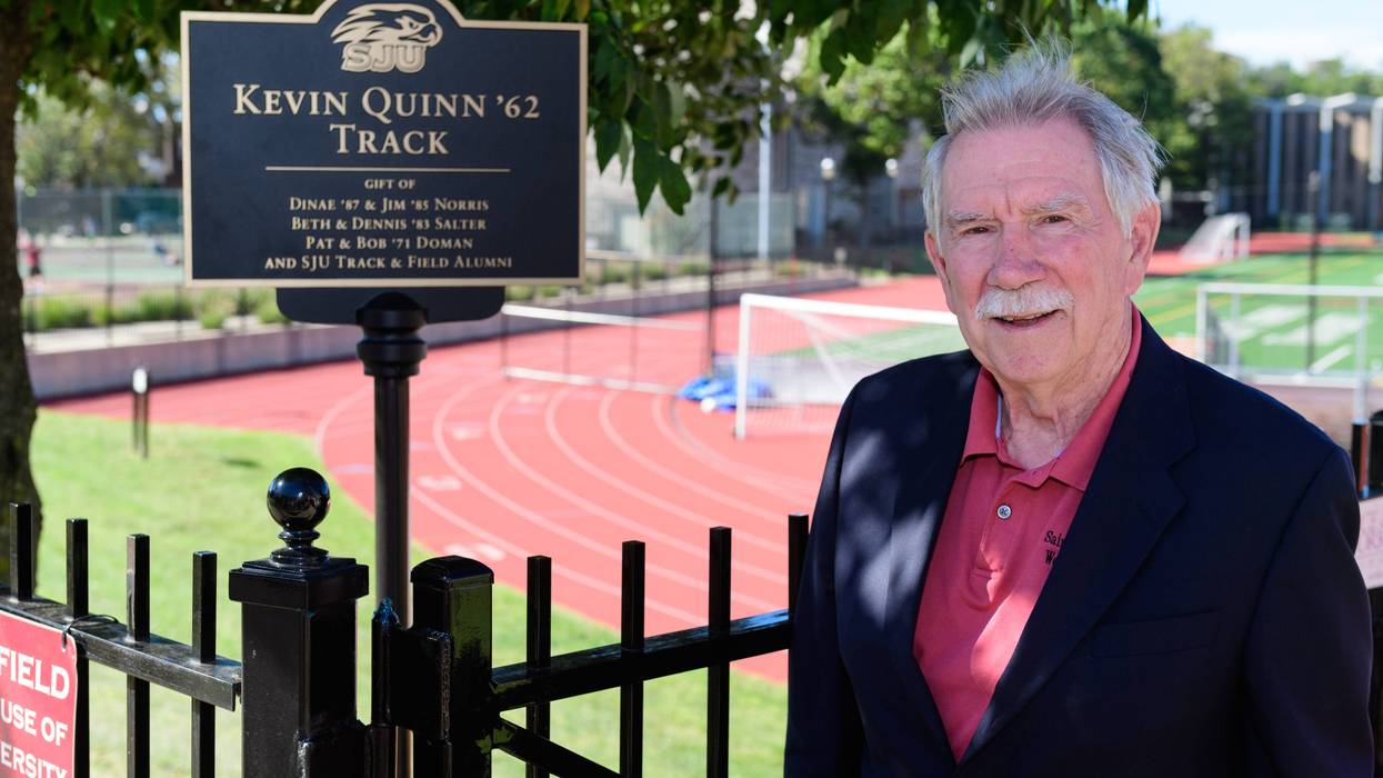 Retired Saint Joseph's University track and field coach Kevin Quinn at the field that bears his name.