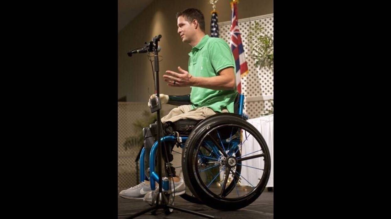 Retired Senior Airman Brian Kolfage, keynote presenter and wounded warrior, addresses the audience during the 52nd Annual Navy League Sea Service Awards Luncheon at the Ala Moana Hotel in 2012.