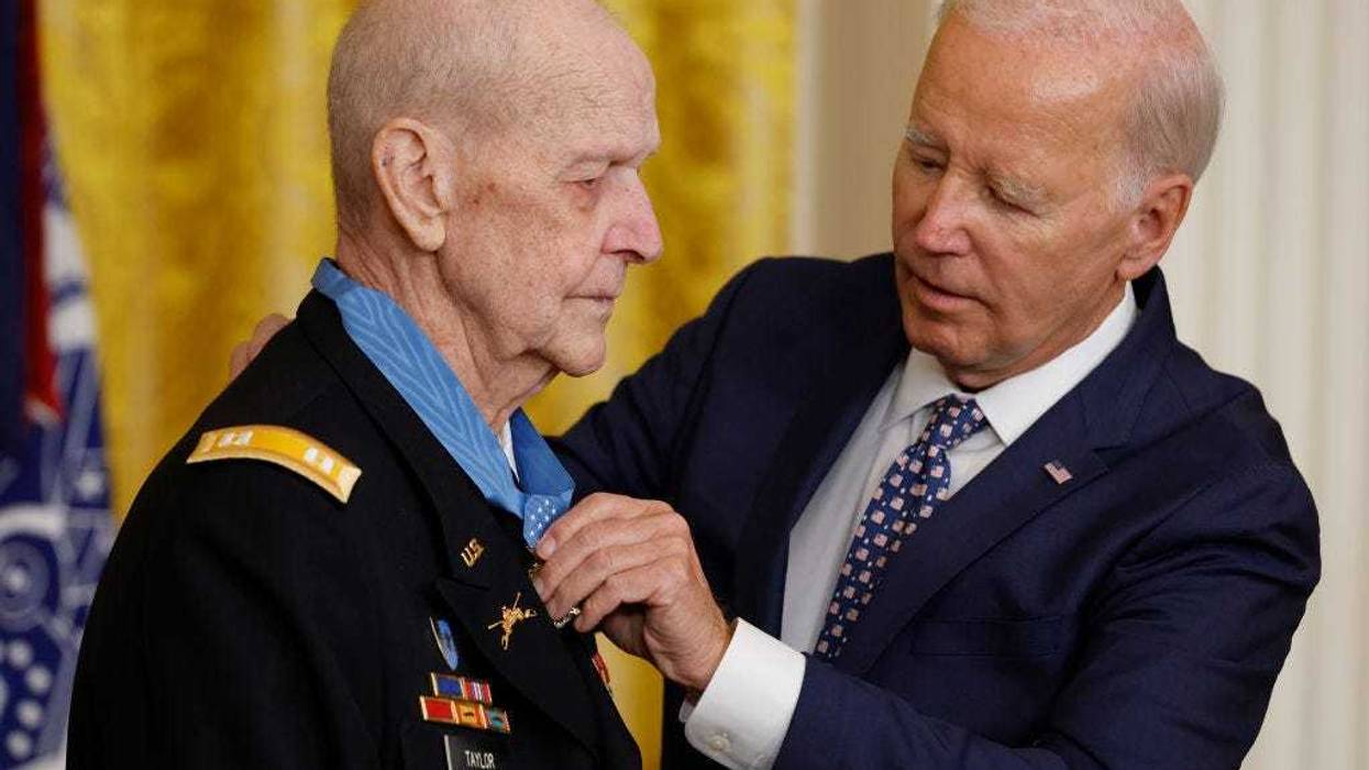 Retired U.S. Army Captain Larry Taylor is awarded the Medal of Honor by President Joe Biden in a ceremony in the East Room of the White House on September 05, 2023 in Washington, DC.
