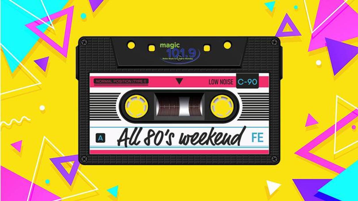 Retro cassette tape with "All 80's weekend" for Magic 101.9, on a vibrant geometric background.