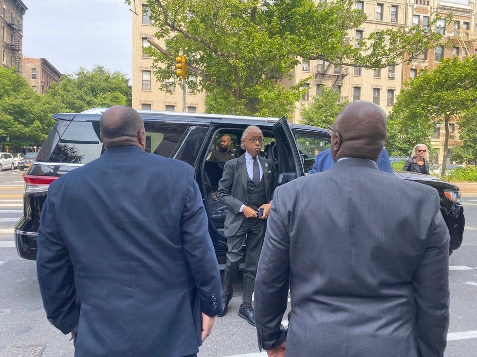 Rev. Al Sharpton arrives at the Mount Neboh Baptist Church in Harlem to deliver a eulogy for Jordan Neely on May 19, 2023