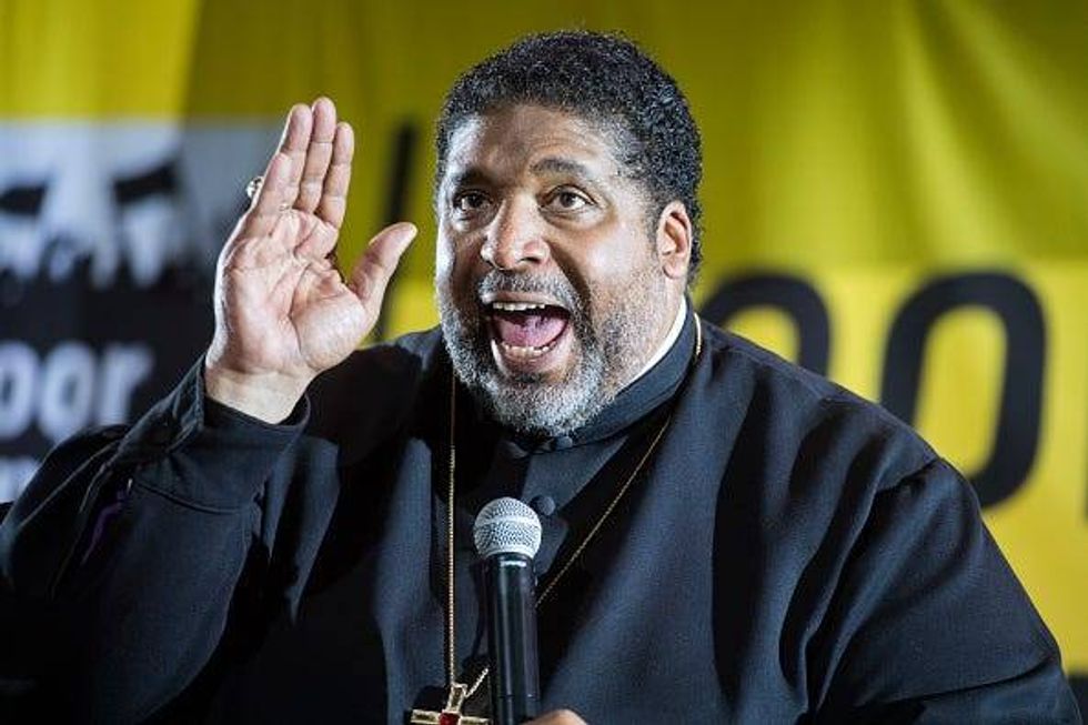 Rev. Dr. William J. Barber II is seen during the Poor Peoples Moral Action Congress forum for presidential candidates at Trinity Washington University
