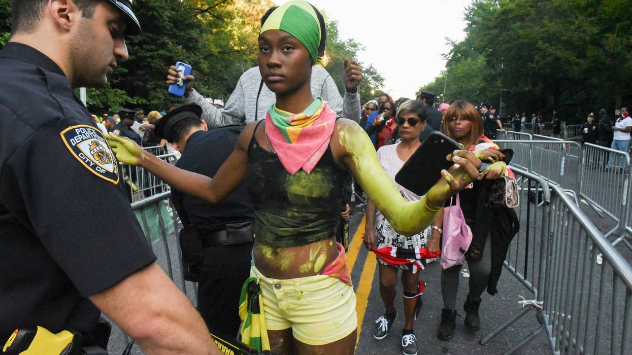 Revelers are searched by police officers during a Caribbean street carnival called J'ouvert on September 4, 2017 in Brooklyn.