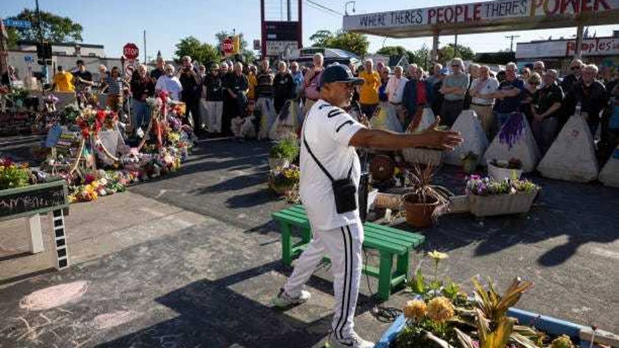Reverend Jerry McAfee, a Baptist preacher and longtime Minnesota civil rights activist, spoke to a group of priests from the Association of U.S Catholic Priests at George Floyd Square in Minneapolis, MN, Tuesday, June 22, 2021.