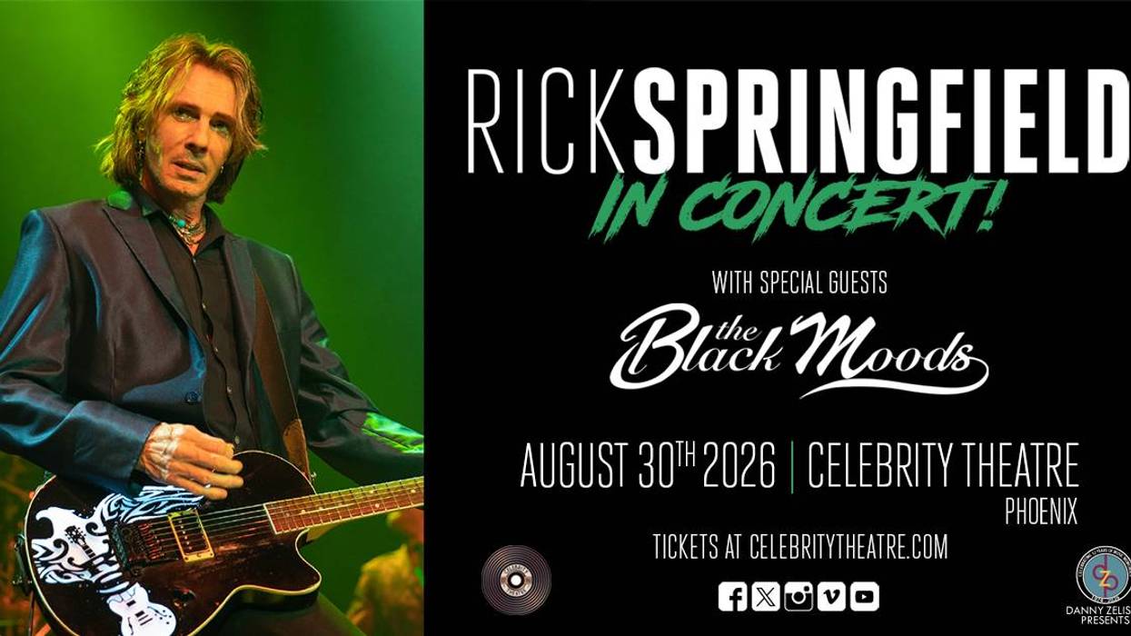 Rick Springfield concert poster. He's playing guitar, August 30, 2026 with The Black Moods in Phoenix.