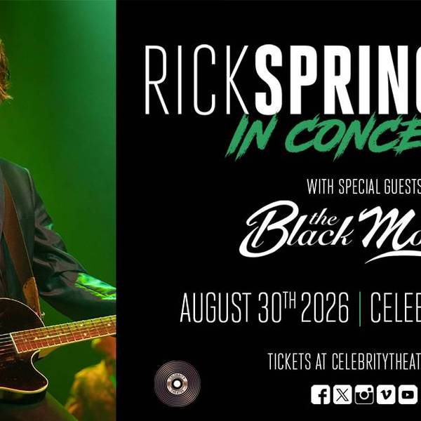 Rick Springfield concert poster with him playing guitar. August 30, 2026 at Celebrity Theatre.