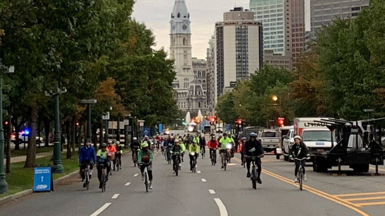 Riders on the Ben Franklin Parkway during the Philly Bike Ride.