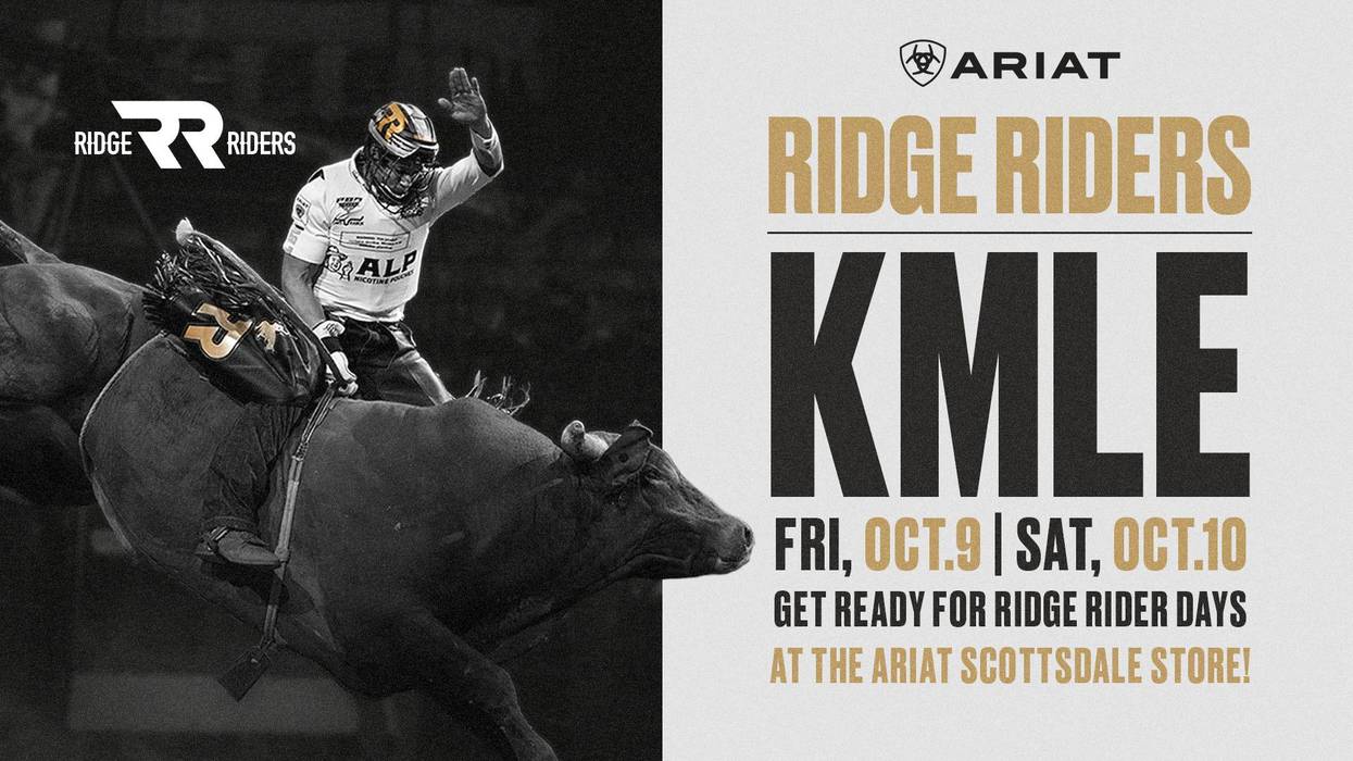 Ridge Riders KMLE bull riding promo: rider on bull, Oct 9-10, Ariat Scottsdale store event.