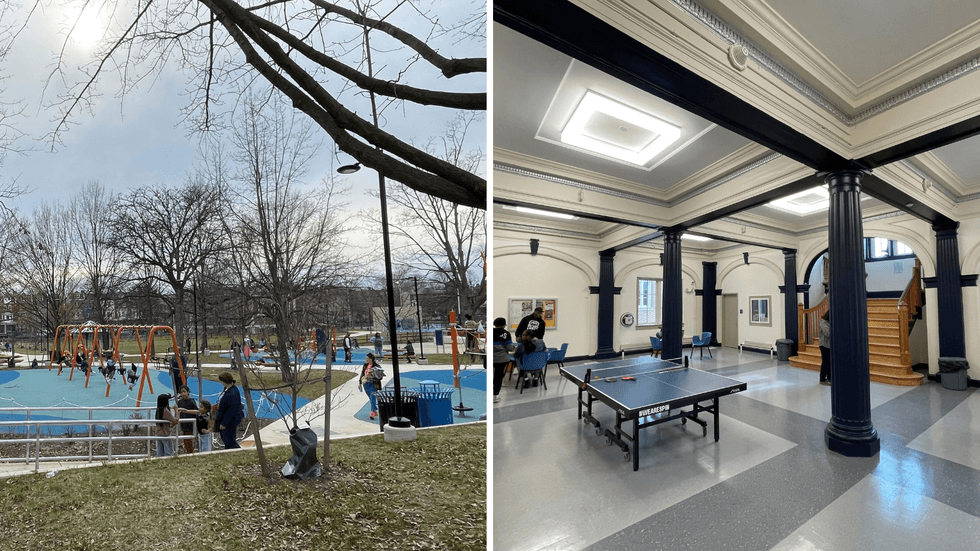 Right: Playground area at Kingsessing Rec Center. Left: Inside view of ping pong table
