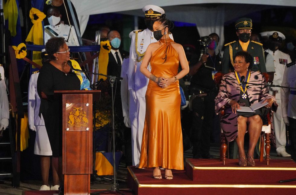 Rihanna (centre) attends the Presidential Ceremony in Heroes Square, Bridgetown, Barbados. Picture date: Tuesday November 30, 2021.