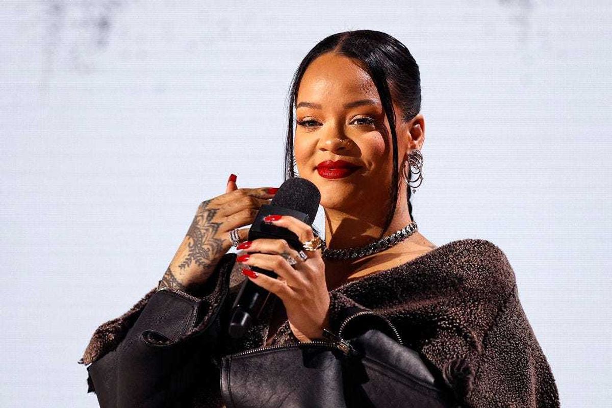 Rihanna speaks during the Super Bowl LVII Pregame & Apple Music Halftime Show press conference at Phoenix Convention Center on February 09, 2023 in Phoenix, Arizona. (Photo by Mike Lawrie/Getty Images)