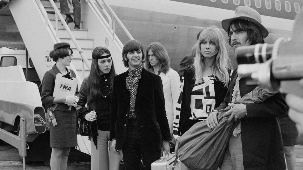 Ringo Starr and wife Maureen Cox, Eric Clapton (behind Ringo), George Harrison and wife Pattie Boyd