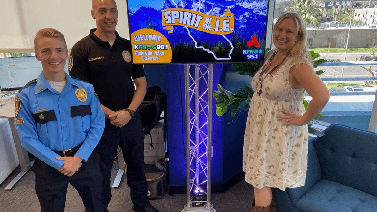 Riverside Police Detective Scott Greenhalgh, Riverside Police Explorer Cody Levien, and K-Frog's Pepper